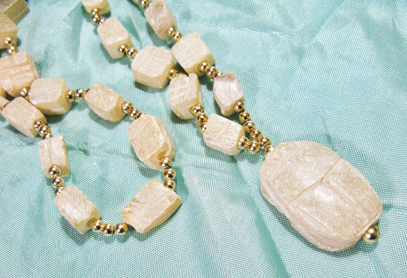 Vintage Egyptian Revival Scarab Necklace, Hand Carved Soapstone Beetle Necklace, Retro image 1