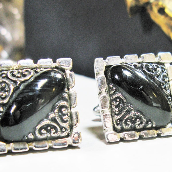 1970s Black & Silver Cuff Links, Chunky Square Cufflinks, Wedding Groom, Vintage Mid Century Retro MCM