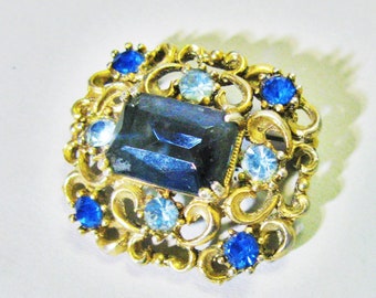 Victorian Style Filigree Brooch, Large Blue Glass & Diamante, Gold Tone Mount, 1960s Vintage MCM Retro Mid Century