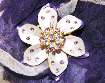 Enamel Crystal Flower Brooch, Off White Diamante Daisy, Designer Signed, Wedding, New  / Old Vintage Retro