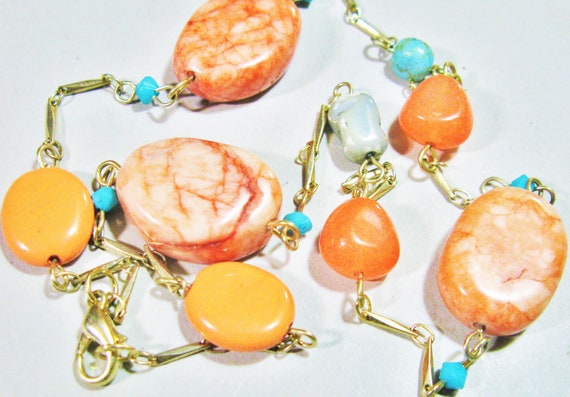 Peach Agate Necklace Peach & Turquoise Agate Ston… - image 1