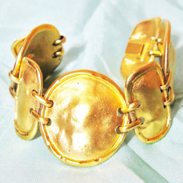 Sphinx Bracelet, Wide Etruscan Style, Matt Finish, Gold Plated Cuff, Designer Signed, Couture Statement Runway Vintage Retro