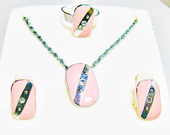 Emaille kristallen sieradenset, roze emaille Diamante hanger oorbellen & ring, nieuw oud, vintage retro