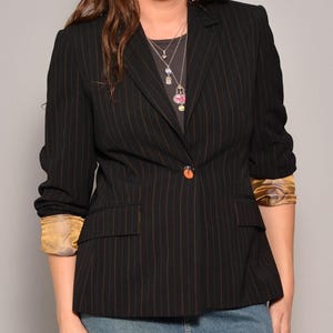 Size 10 | Black Jacket | Pinstripe Pattern Striped Office Blazer | Trailored Classy Elegant One Button Blazer | Formal V Neck Long Sleeve L