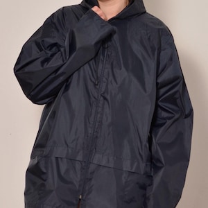 Liquidation Vintage 90s Dark Blue Nylon Rain Jacket - Size 8 Hooded Windbreaker with Big Pockets
