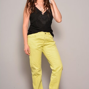 Size 10 12 | 90s Green Pants Straight Leg Pant Neon Green Cotton Slacks Summer Low Rises Tropical Boho Casual Minimal Hippie Basic Funky
