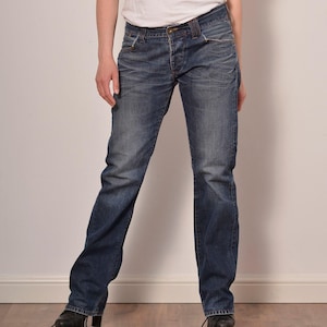 Clearance Size m w32l34 | straight legs dark wash unisex jeans | 00s basic mens denim pants | button fly oversize boyfriend jeans mid waist