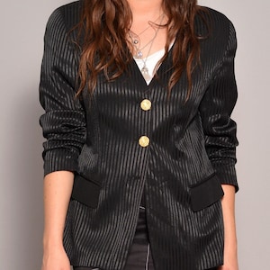 Size 10 | black jacket | striped blazer | shoulder pad long sleeve jacket | metallic button evening shiny jacket cocktail collarless classy