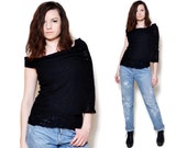 Off The Shoulder Black Sweater Top Semi Sheer Tiered Pattern Blouse One Sleeve Cape Top Boat Neck Sweater Large