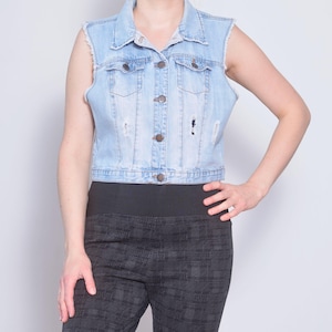 Clearance Distressed Crop Jacket | Size US 8 Medium | Worn Out Rocker Medium Wash Cropped Denim Vest | Blue Cut Off Sleeve Jacket with Che