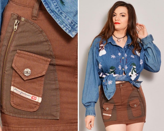 Brown Mini Cargo Skirt | Zipped Flap Pockets Pinst