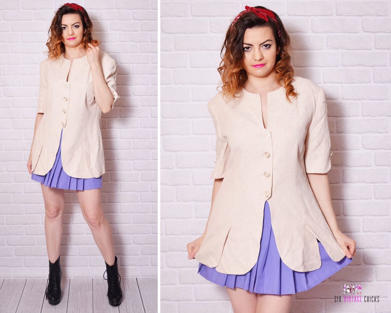 Pink Jacket Vintage Pastel Women Leaf Woman Pattern Striped Blazer Button Pin Up Mod Vintage Short Sleeve Shoulder Pad Padded Oversize