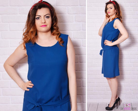 mod vintage blue 70s Navy Dresses Low Waist Belted