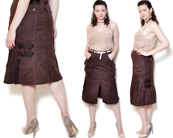 90s slitted skirt high slit cargo brown midi with pockets casual rocker grunge high waisted waist long flared fitted modern trendy urban