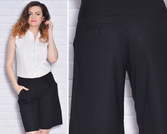 Wool Blend Black Bermuda Shorts | Mid Waist Pegged