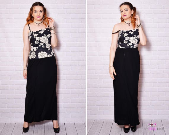 Maxi Skirt Vintage Black Women Slit Beaded Black E
