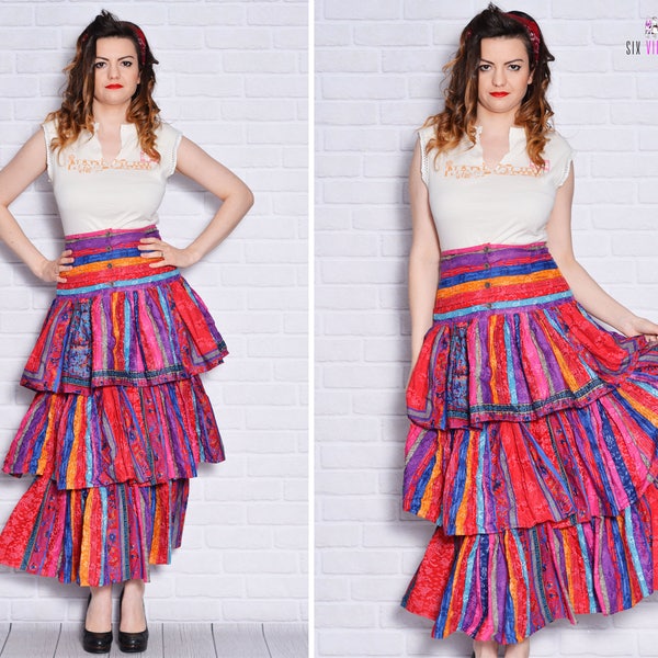 Gypsy Skirt Floral Skirts Flower Pattern Aztec Ruffle 80s Tiered Striped Rainbow Spanish Skirt Salsa Maxi
