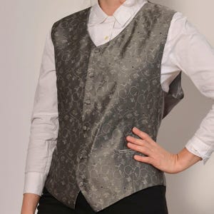 Size XXL | Elegant Silver Grey Glossy Groom Wedding Vest | Floral Mens Vest | Striped Belted Back Fitted Elegant Vest | Faux Pockets Vest