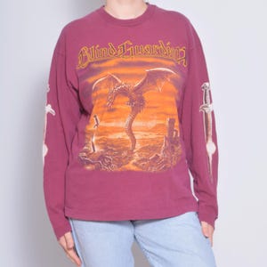 Blind Guardian Tour Tee | 1995 Power Metal Band T Shirt by Screen Stars | Distressed Dragon Print German Band Red Orange Worn Out Ripped Tee