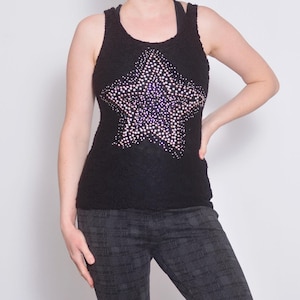 Shiny Star Tank | Size US 6 8 | Beaded Embellished Floral Lace Sleeveless Blouse | Sheer Back Scoop Neck Rocker Edgy Party Top made in Italy