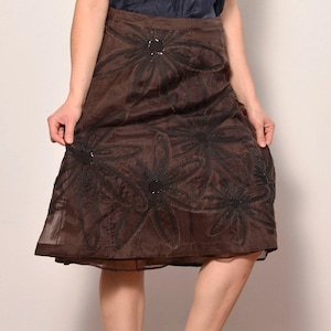 Size 12 | embroidered floral brown silk rene lezard evening skirt | sequin beaded embellishment elegant skirt | high waisted layered