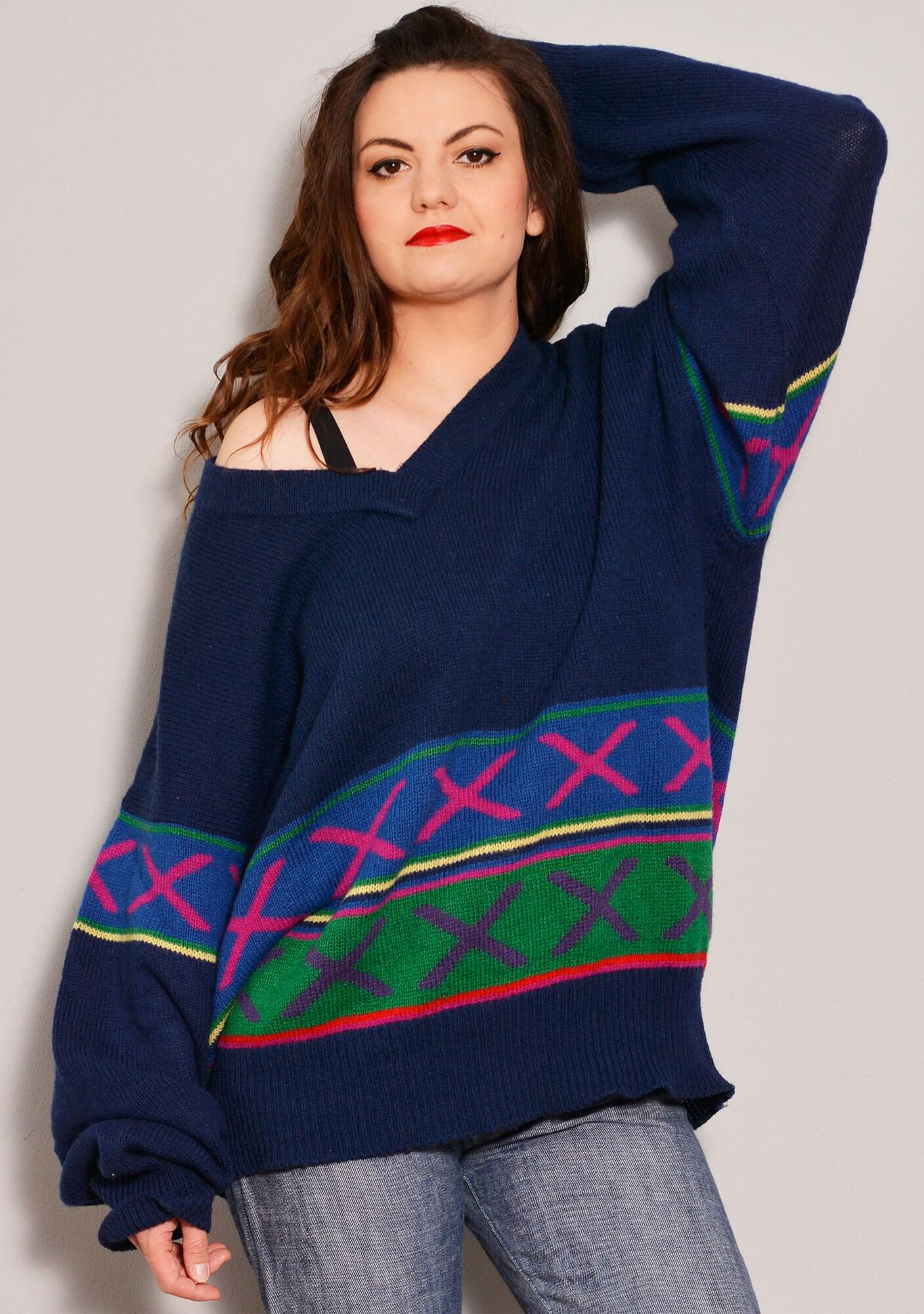 Size L XL | Stylish Baggy Retro Blue Sweater | Striped