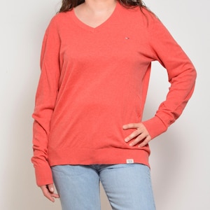 Size XXL | Coral Red Basic Mens Cotton Sweater | V Neck Ribbed Trim Stretchy Tommy Hilfiger Unisex Boyfriend Pullover Long Sleeve