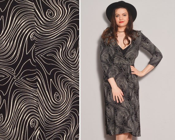 Black and White Wrap Dress | Swirl Pattern Deep V