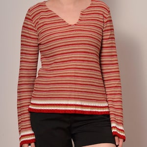 Size 8 to 10 | 90s Vintage Cotton Striped Sweater | Red Beige White Hippie Pullover Sweater | Bell Sleeves Split Neckline Stretchy Sweater