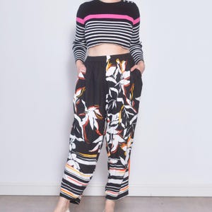 Clearance Black Botanical Pants | Plus Size 3X |  Black White Floral Wide Leg Stretchy Waist Trousers | Orange Striped High Waist Viscose C