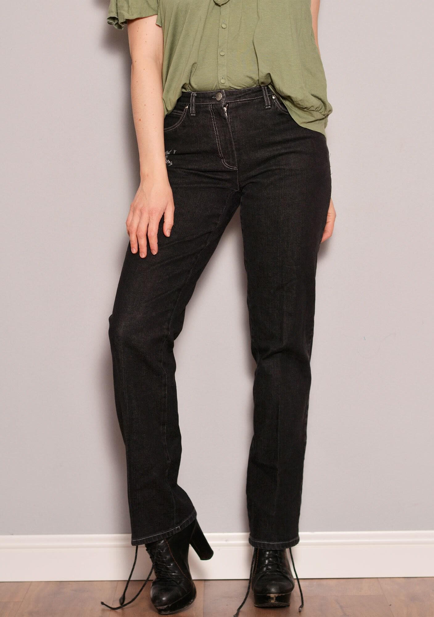 Embroidered Black Wash Vintage Jeans: Size 8, Straight Leg