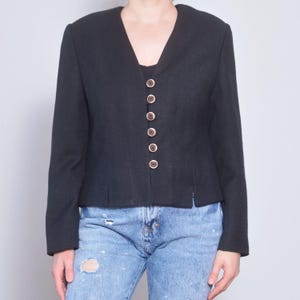 Black V Neck Blazer | Size US 8 | 90s Viscose Polyester Linen Rustic Womens Jacket | Minimalist Cottage Core Aesthetics Blazer Austrian