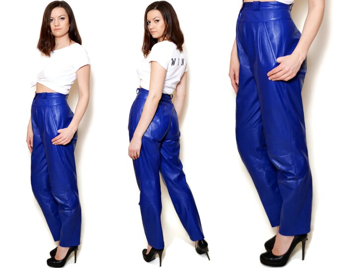 Blue Leather Pants High Waisted Pants Blue Pants 80s Pants Etsy
