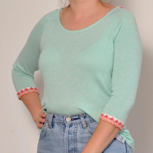 Boho Turquoise Blouse with Lace-Up Back, Pink White Crochet Trim, Scoop Neck, Size 8, Hippie Vibe