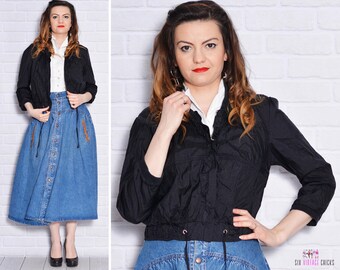Windbreaker Jacket 90s Windbreaker Ruffle Cropped Black Tie Waist Blouson High Collar Rain Women Vintage Feminine Short