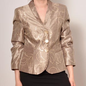 XXL Beige-Brown Floral Evening Blazer | Glossy V-Neck Jacket with Padded Shoulders | 2000s Party Wear