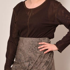 Brown Sheer Fishnet Blouse - Long Sleeve Minimalist Mesh Top with Fuzzy Trim and Scoop Neck