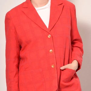 Size 10 12 | Plaid Texture Minimalist Red Wool Blazer | Herritage Style British Classic Jacket | Shoulder Pads Preppy Tartan Blazer Pockets