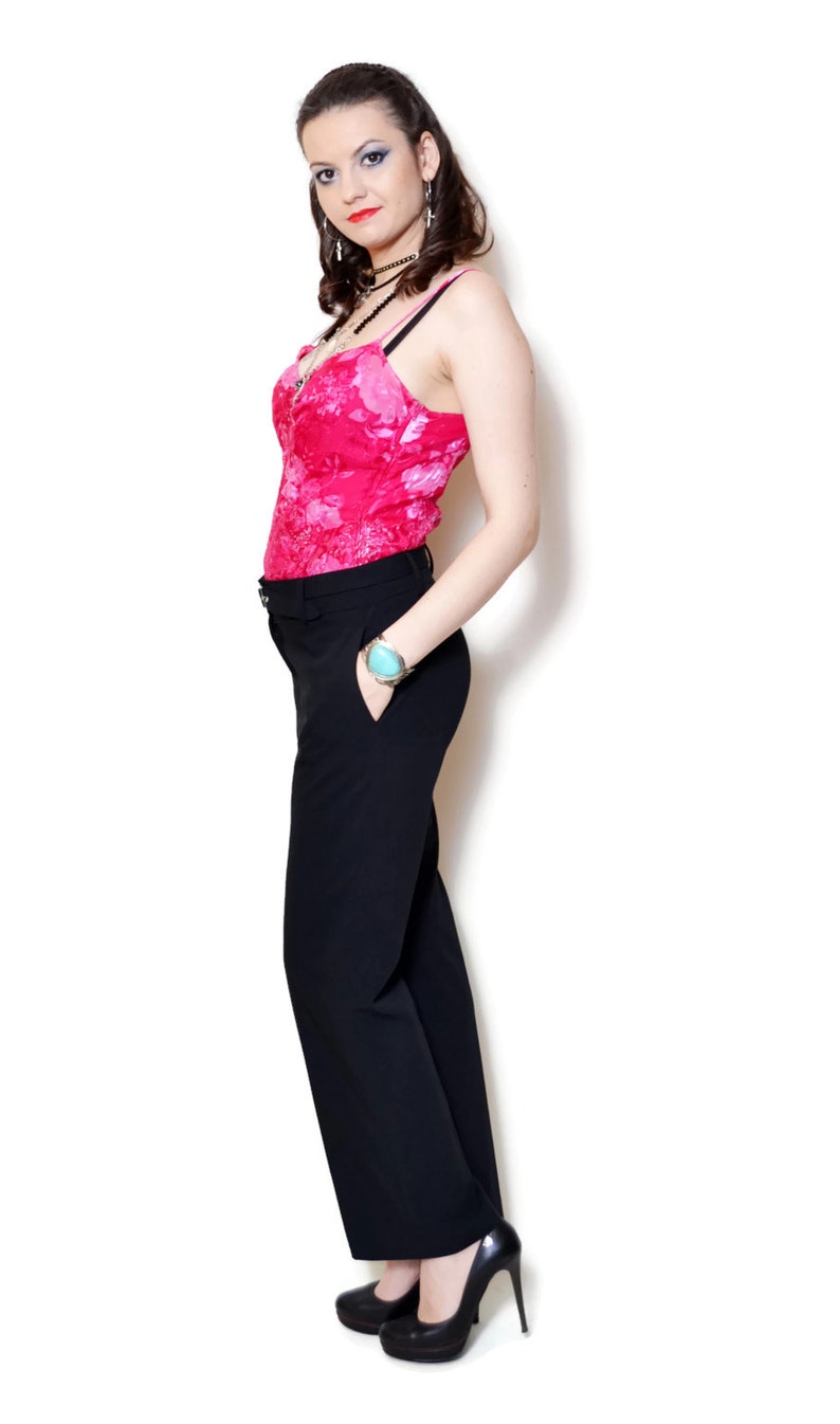 Secretary Office Pants Mid Waist Belted Pants Elegant Black Slacks Long Wide Leg Trousers Formal Wear Small S