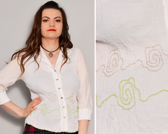 Cord Embroidered Blouse | White Wrinkly Boho Blous