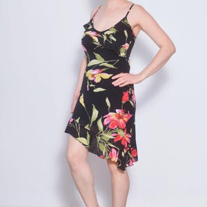 Botanical Slip Dress | Size US 8- 10 | Y2K Ruffle Asymmetrical Scoop Neck Floral Dress |  Spaghetti Strap High Low Elastic Salsa Minidress