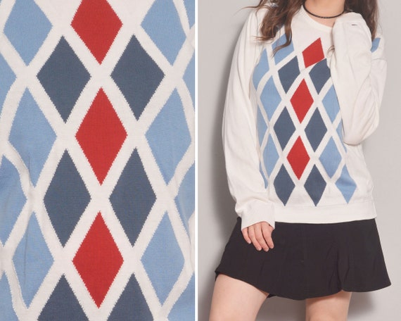 Argyle Pattern White Unisex Sweater | Blue Red Rho