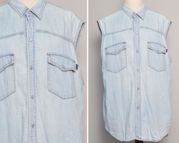 Vintage 80s Unisex Washed Denim Sleeveless Shirt |