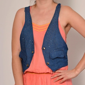 Clearance Silver Beaded Bohemian Denim Vest - Size 6 Medium Wash Open Front with Bow Detail and Faux Pockets