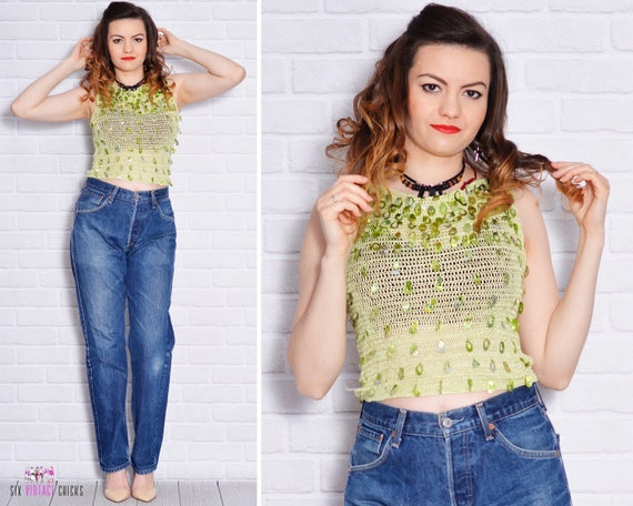 Crochet Tops Sequin Sheer Blouses Mesh Fishnet VIn