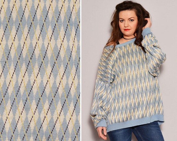 Clearance XL Vintage Argyle Sweater - Relaxed 80s Blue White