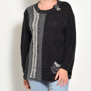 Size 8 | Black Grey Acrylic Wool Blend Sweater made in France | Glossy Thread Striped Pattern Sweater | Metal Detail Pocket Pullover Sweater