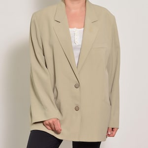 Size 18  | Textured Beige V Neck Wool Blend Blazer | Minimalist Plus Size Straight Collar Basic Cream Jacket | 80s Vintage Formal Jacket