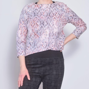 Damasque Wrap Blouse | Size US 8 | Cotton Elastane 90s Pink Orange Asymmetrical Top | Animal Print Boat Neck 3/4 Sleeve Elastic Boho Tee