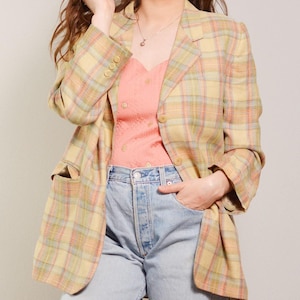 Size 10 | high quality silk linen blend daks jacket | beige plaid 80s oversize blazer | teacher style preppy jacket | british minimalist